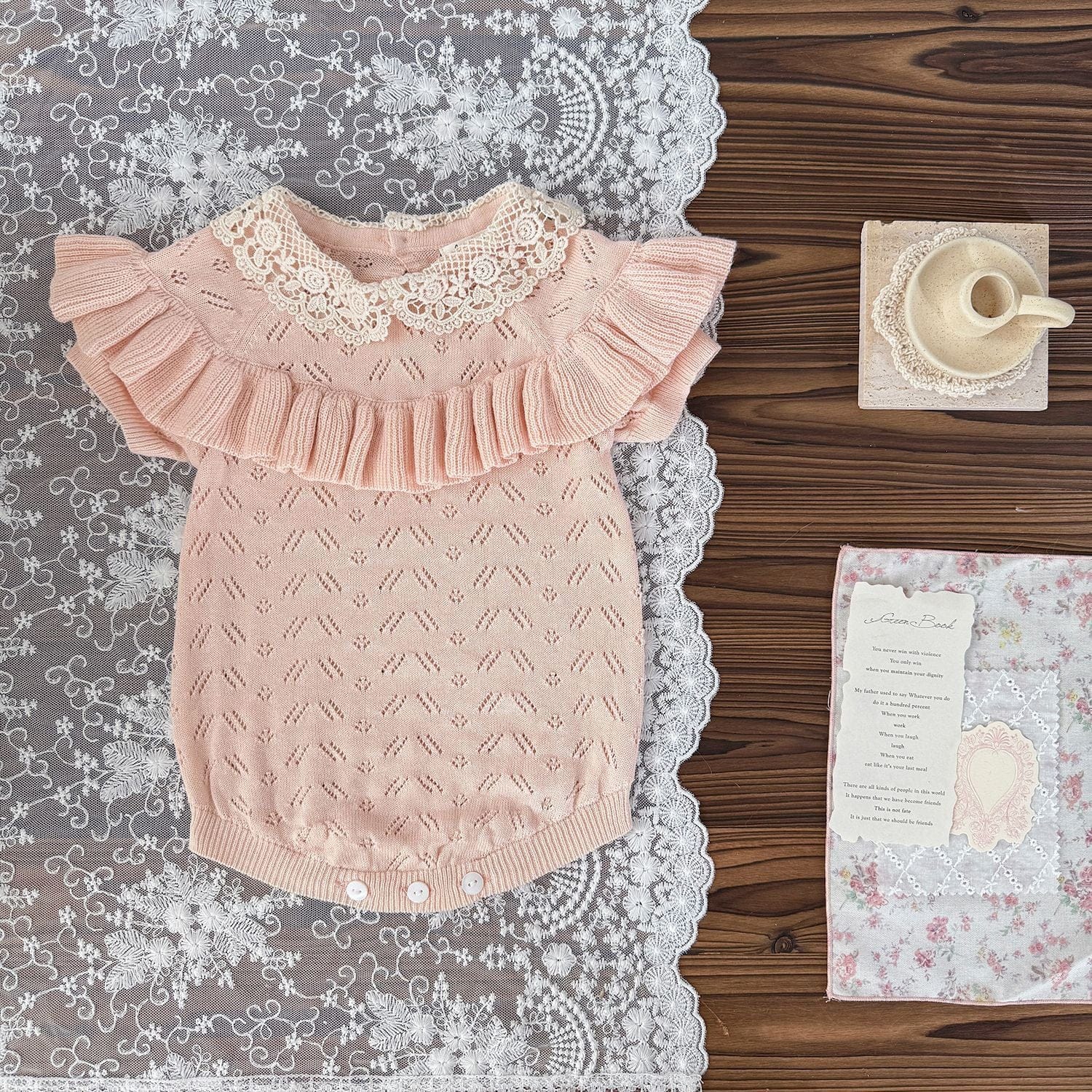 半袖ロンパース Pink / 66cm ラッフルフリルレースニット半袖ロンパース【mh0009556】