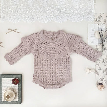長袖ロンパース Pink / 6M (66) ベビーロンパース フリルショールレースニット長袖ボディスーツ