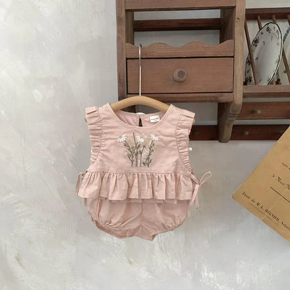 ノースリーブセットアップ Pink / 73cm ベビーセットアップ 2点セット ノースリーブフリルトップス+ブルマパンツ フラワー花柄刺繍 ピンク/アプリコット/2カラー【mh0004558】