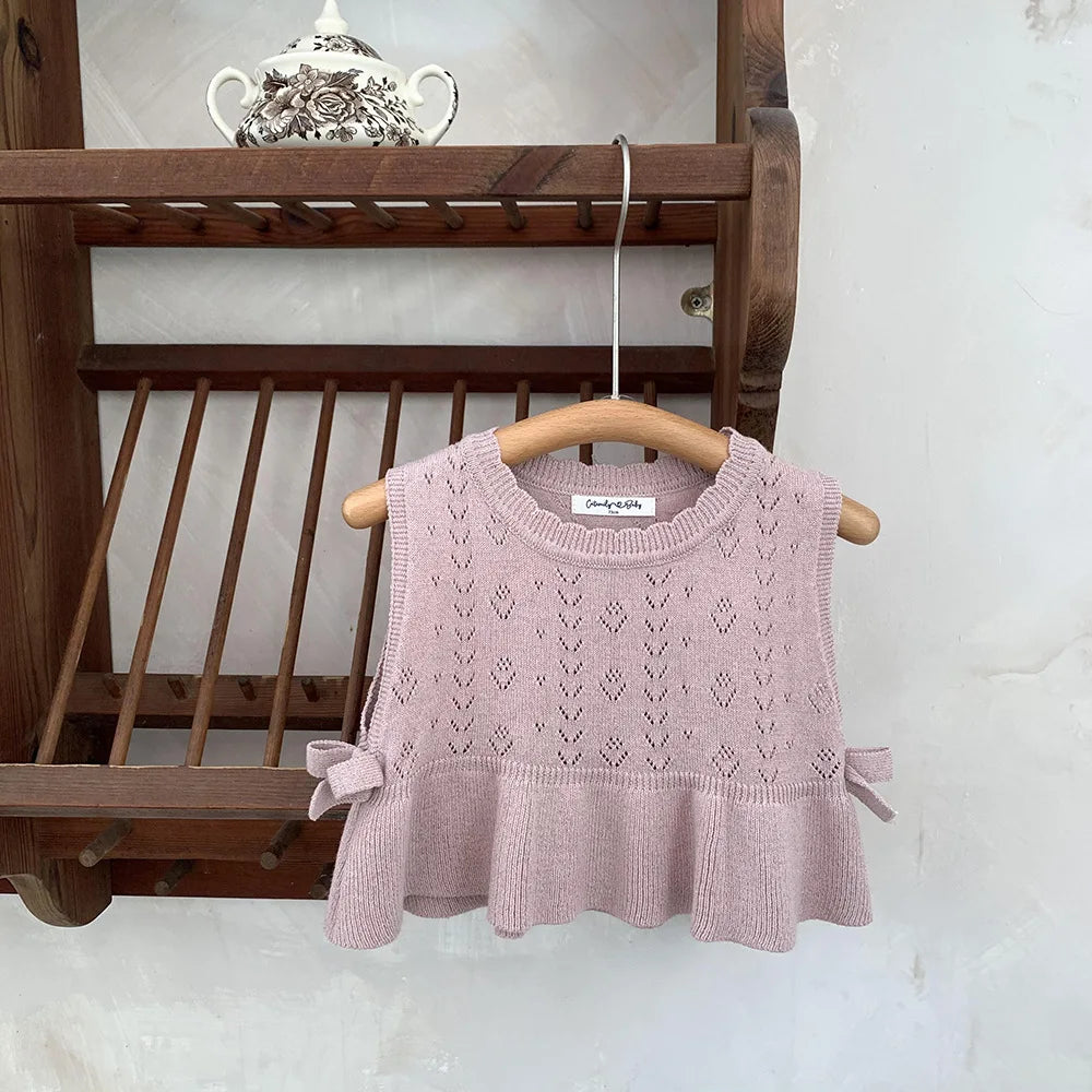 ベスト Pink / 73cm ベビーキッズベスト レースニット ペプラム リボン ノースリーブトップス アプリコット/ピンク/2カラー【mh0004272】