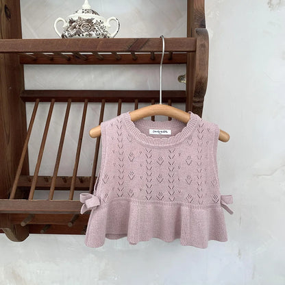ベスト Pink / 73cm ベビーキッズベスト レースニット ペプラム リボン ノースリーブトップス アプリコット/ピンク/2カラー【mh0004272】