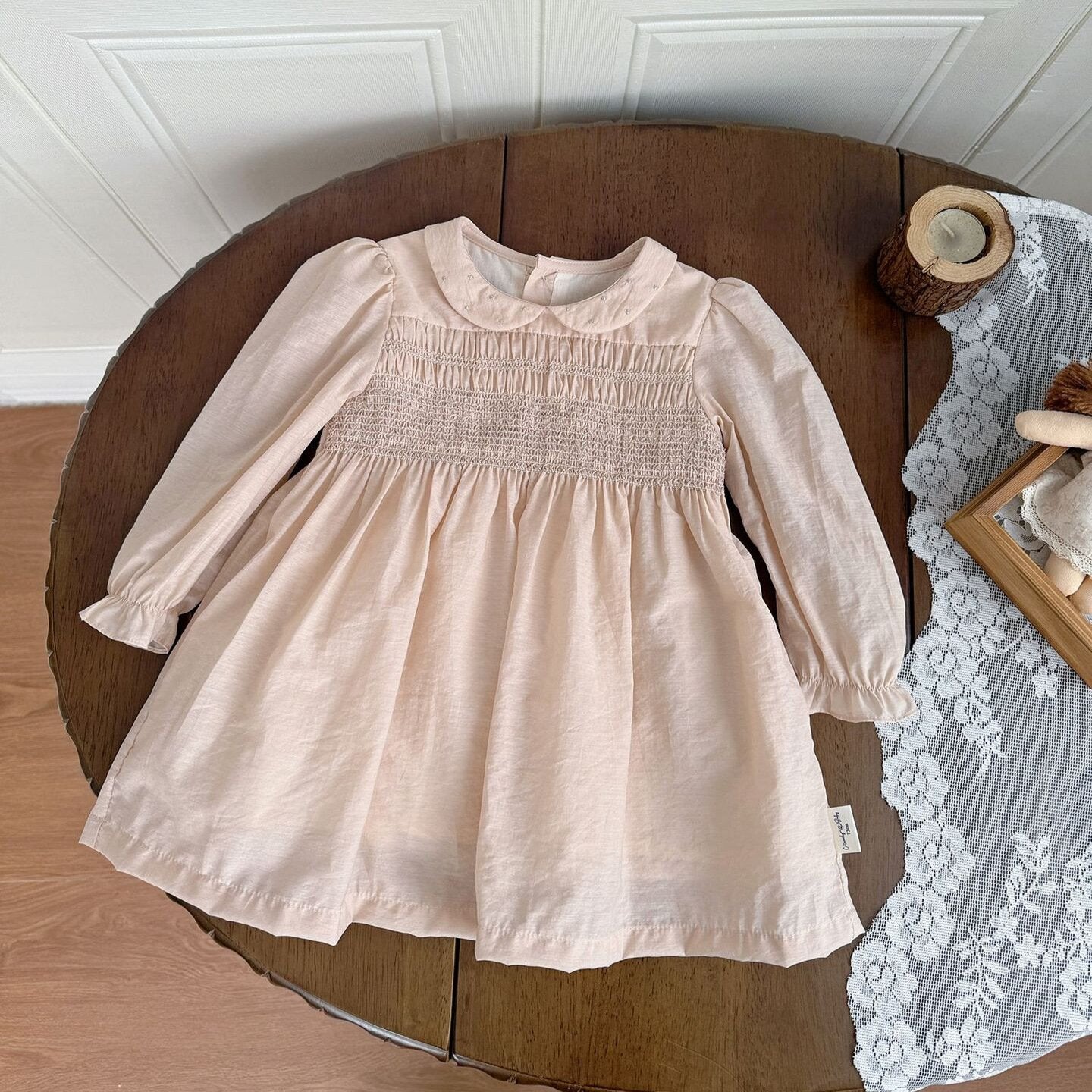 長袖ワンピース Pink / 73cm Embroidered Doll Collar Dress 刺繍 丸襟ロングスリーブ ワンピース【mh0012152】