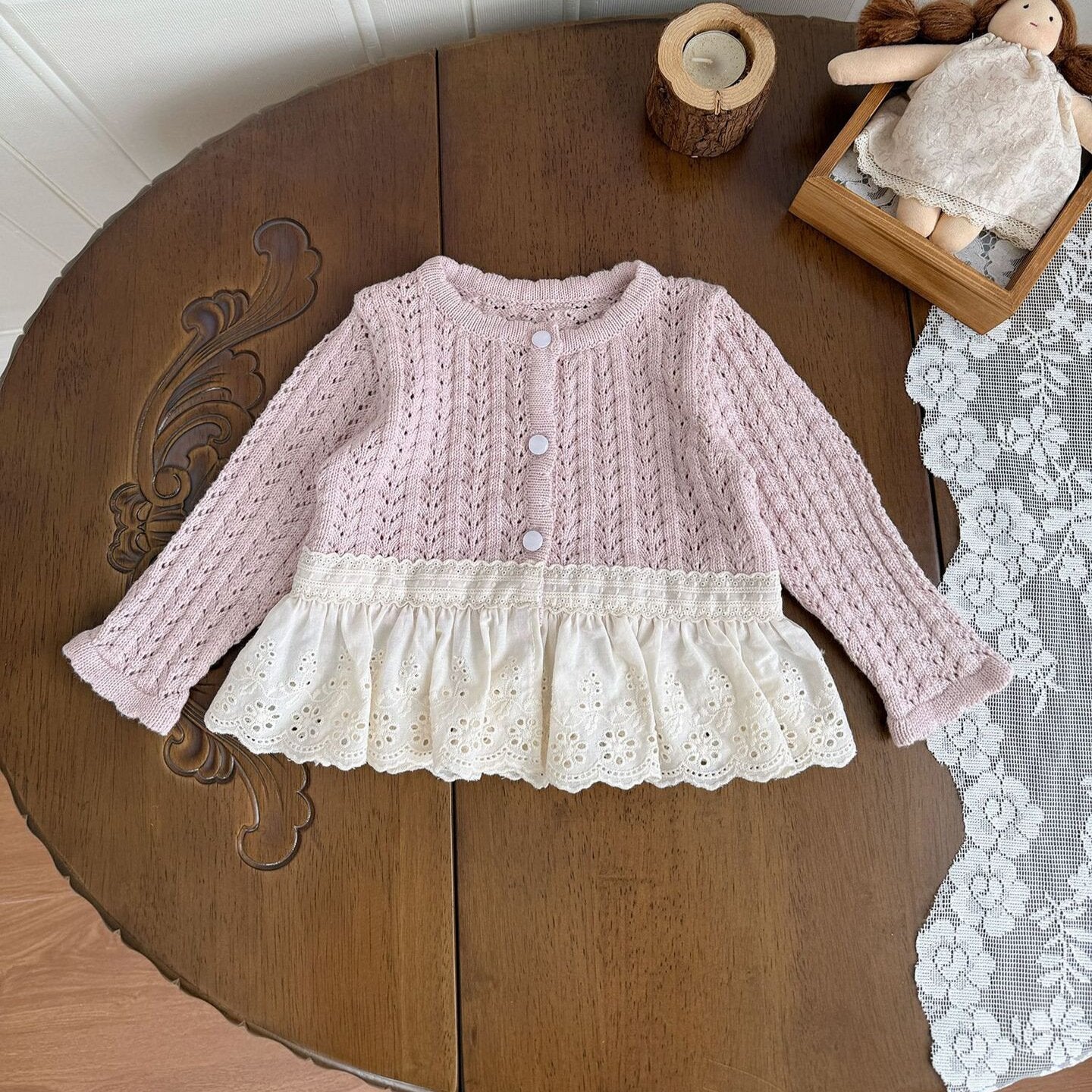 カーディガン・パーカー Pink / 73cm Lace Trimmed Cutout Knitted Cardigan レース切替 透かし編み ニット カーディガン【mh0012156】