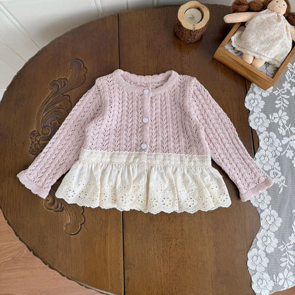 カーディガン・パーカー Pink / 73cm Lace Trimmed Cutout Knitted Cardigan レース切替 透かし編み ニット カーディガン【mh0012156】