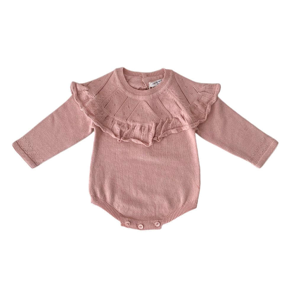 長袖ロンパース Pink / 73cm ベビーロンパース フリルショール襟ニット長袖ボディスーツ【mh0009122】