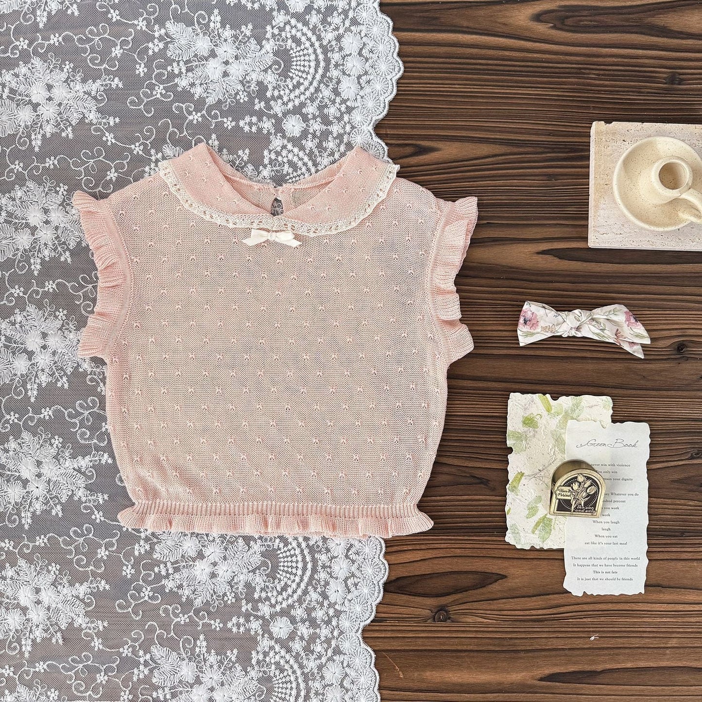 半袖シャツ・ブラウス Pink / 73cm レースニット襟付きフリルスリーブベストトップス【mh0009794】