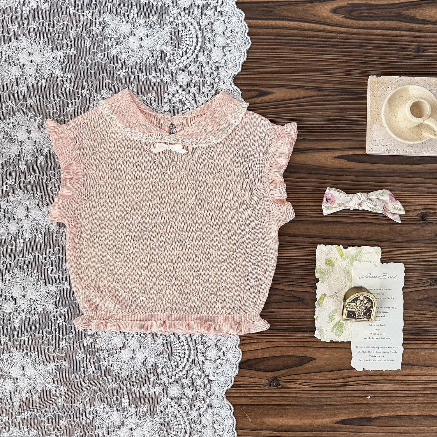 半袖シャツ・ブラウス Pink / 73cm レースニット襟付きフリルスリーブベストトップス【mh0009794】