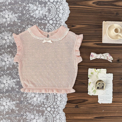 半袖シャツ・ブラウス Pink / 73cm レースニット襟付きフリルスリーブベストトップス【mh0009794】