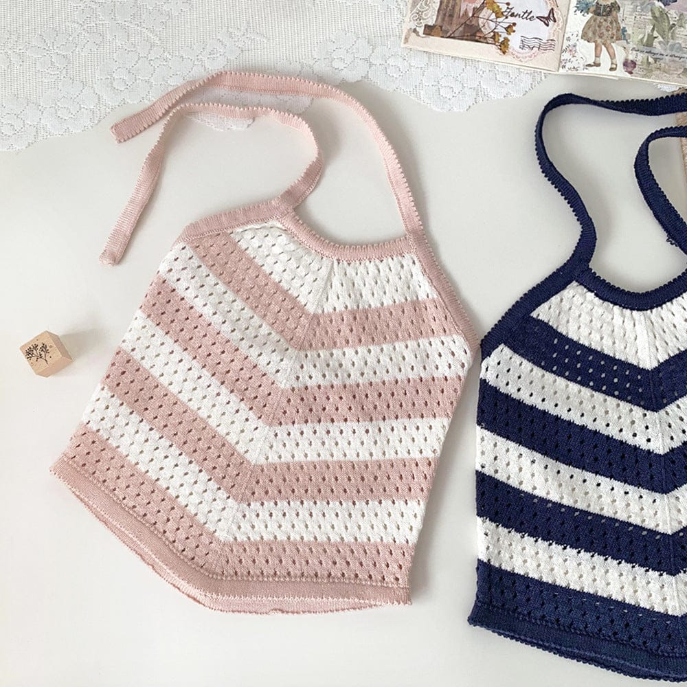 タンクトップ・キャミソール・ノースリーブトップス Pink / 73cm レースニットホルターネックタンクトップ【mh0010453】