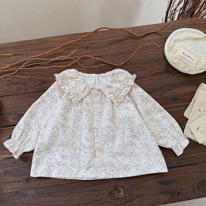 長袖シャツ・ブラウス Pink / 73cm レースフリルビッグカラー花柄ブラウス【mh0011158】