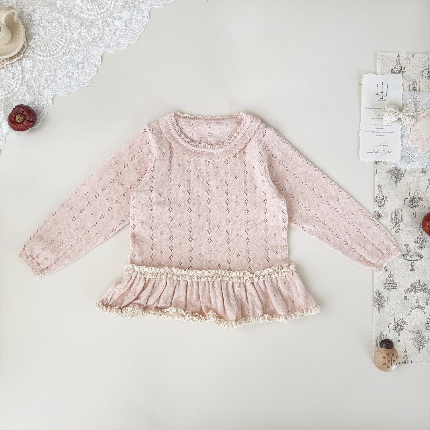 ニット・セーター Pink / 73cm ベビーキッズトップス ペプラムフリルレースニット長袖カットソーTシャツ【mh0009115】