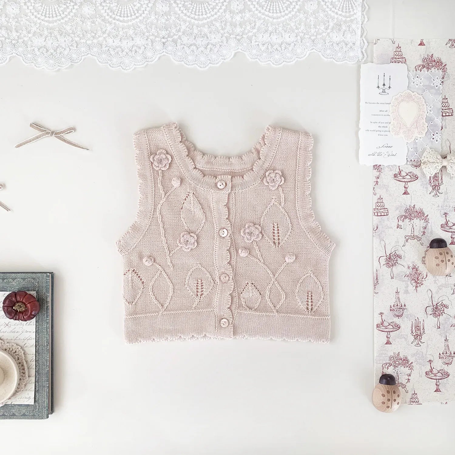 ベスト Pink / 9M (73) ベビーキッズベスト フラワー刺繍ニット前あきベスト【mh-0008924】