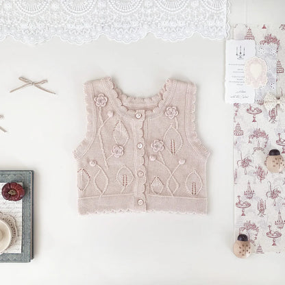 ベスト Pink / 9M (73) ベビーキッズベスト フラワー刺繍ニット前あきベスト【mh-0008924】