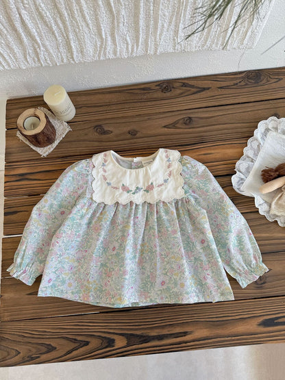 長袖ロンパース Pink and Green Shirt / 73cm Embroidered Floral Romper 刺繍花柄ロンパース【mh0012118】