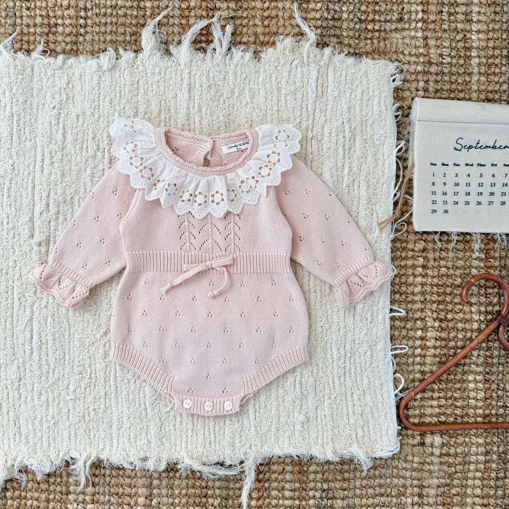 ロンパースセットアップ Pink Romper / 66cm 長袖ニットロンパース レースフリル襟 レースニット ベビーウェア【mh0011515】