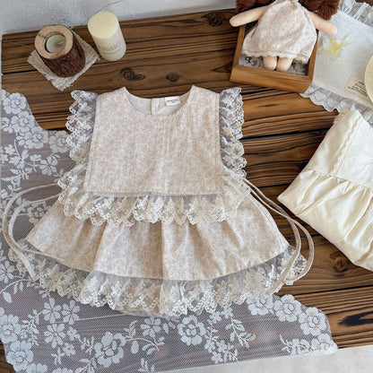 ノースリーブセットアップ Pink Set / 73cm Lace Floral Vest & Ruffle Skirt Set レース花柄フリルスカートセット【mh0012117】