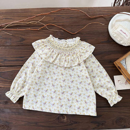 長袖セットアップ shirt / 73cm 長袖小花柄ブラウス フリルネック シャツ バルーンショートパンツ【mh0011519】