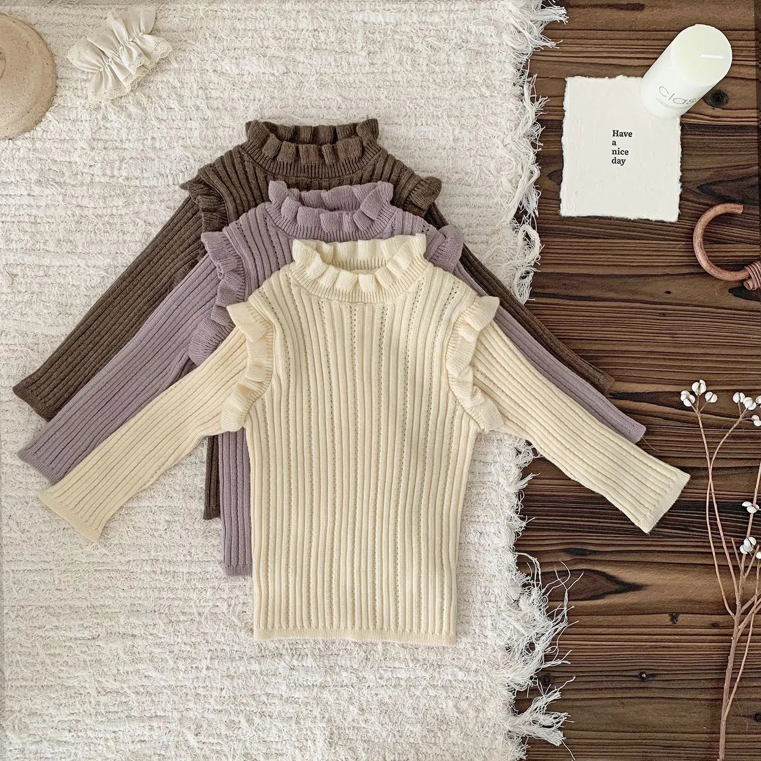 ニット・セーター ベビーキッズトップス フリルショルダースタンドカラーニットカットソーTシャツ 3カラー【mh0007243】