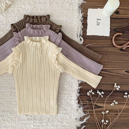ニット・セーター ベビーキッズトップス フリルショルダースタンドカラーニットカットソーTシャツ 3カラー【mh0007243】