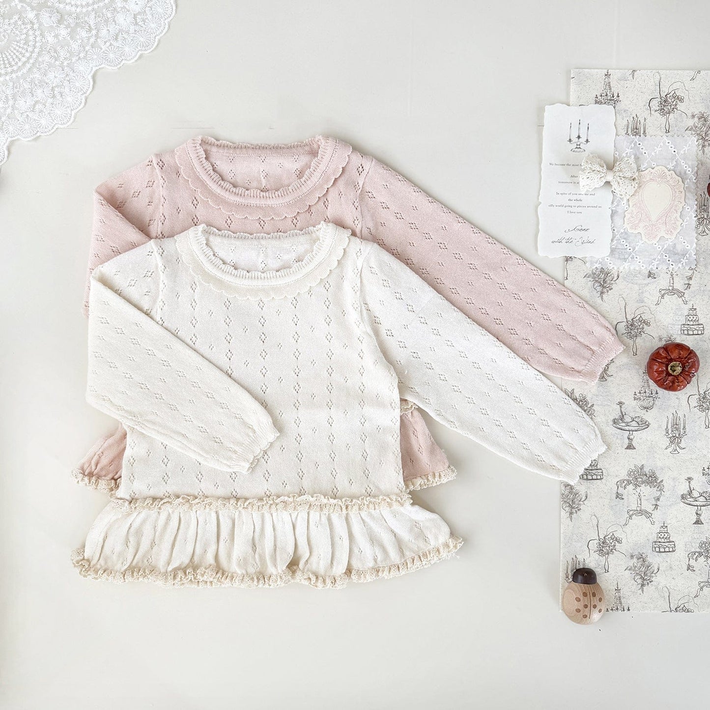 ニット・セーター ベビーキッズトップス ペプラムフリルレースニット長袖カットソーTシャツ【mh0009115】