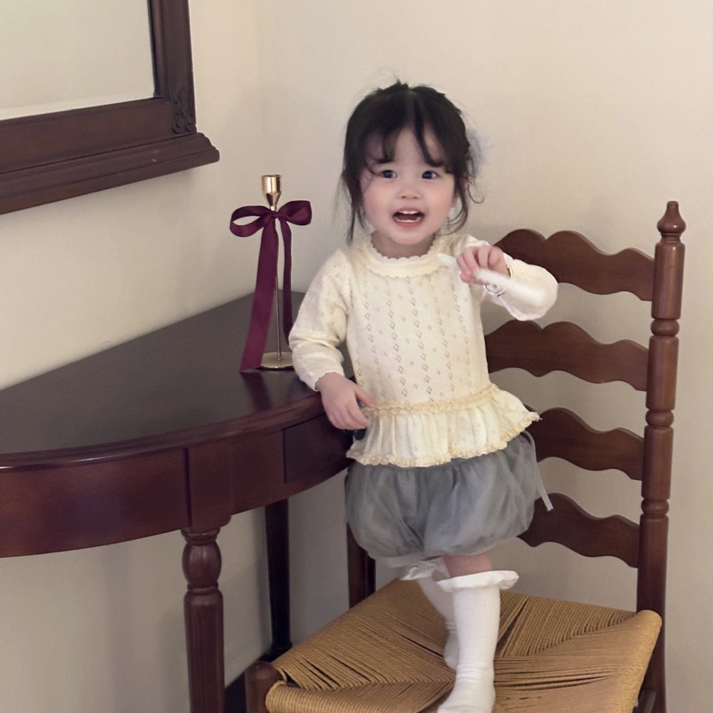 ニット・セーター ベビーキッズトップス ペプラムフリルレースニット長袖カットソーTシャツ【mh0009115】