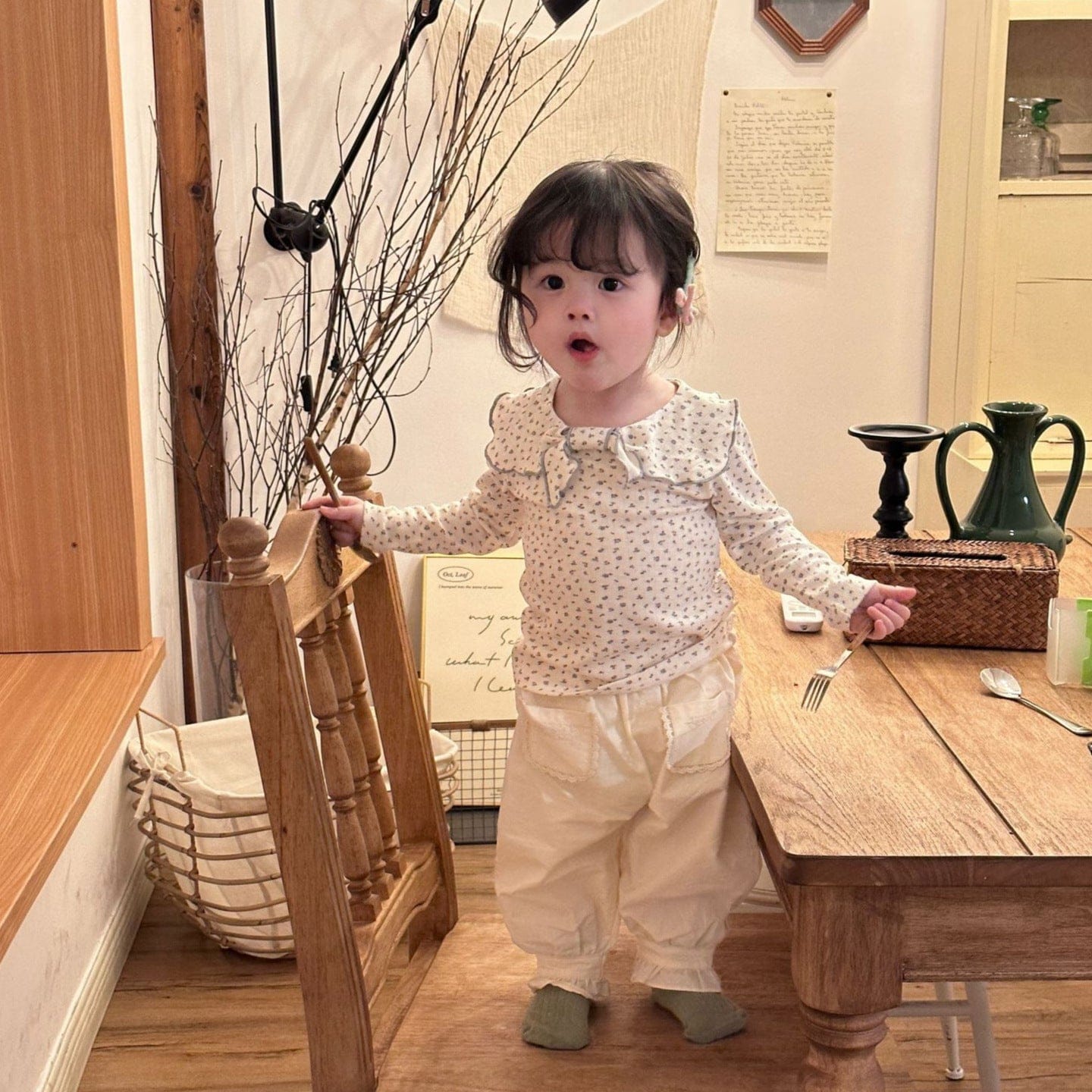 長袖セットアップ キッズトップス/パンツ セーラーリボン襟長袖Tシャツ/裾絞りロングパンツ【mh0009126】