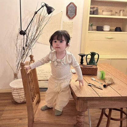 長袖セットアップ キッズトップス/パンツ セーラーリボン襟長袖Tシャツ/裾絞りロングパンツ【mh0009126】