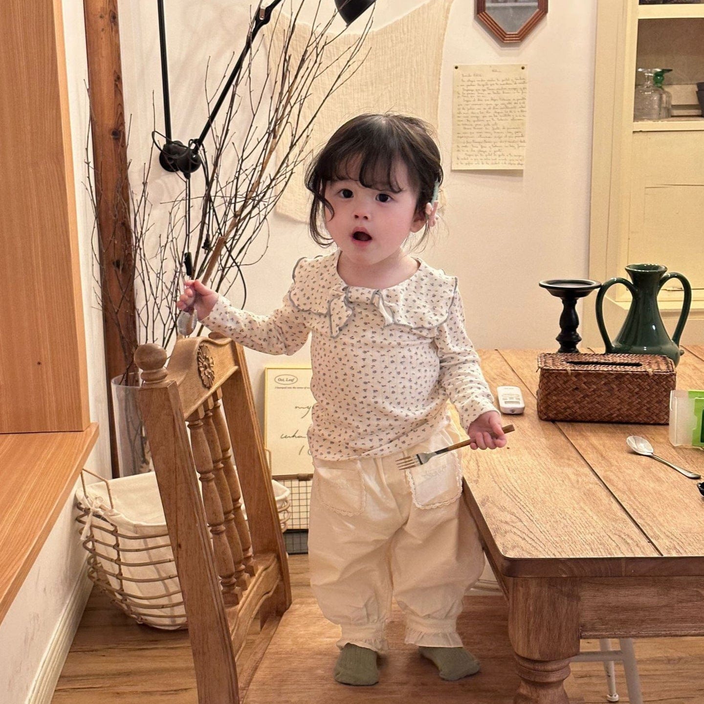 長袖セットアップ キッズトップス/パンツ セーラーリボン襟長袖Tシャツ/裾絞りロングパンツ【mh0009126】