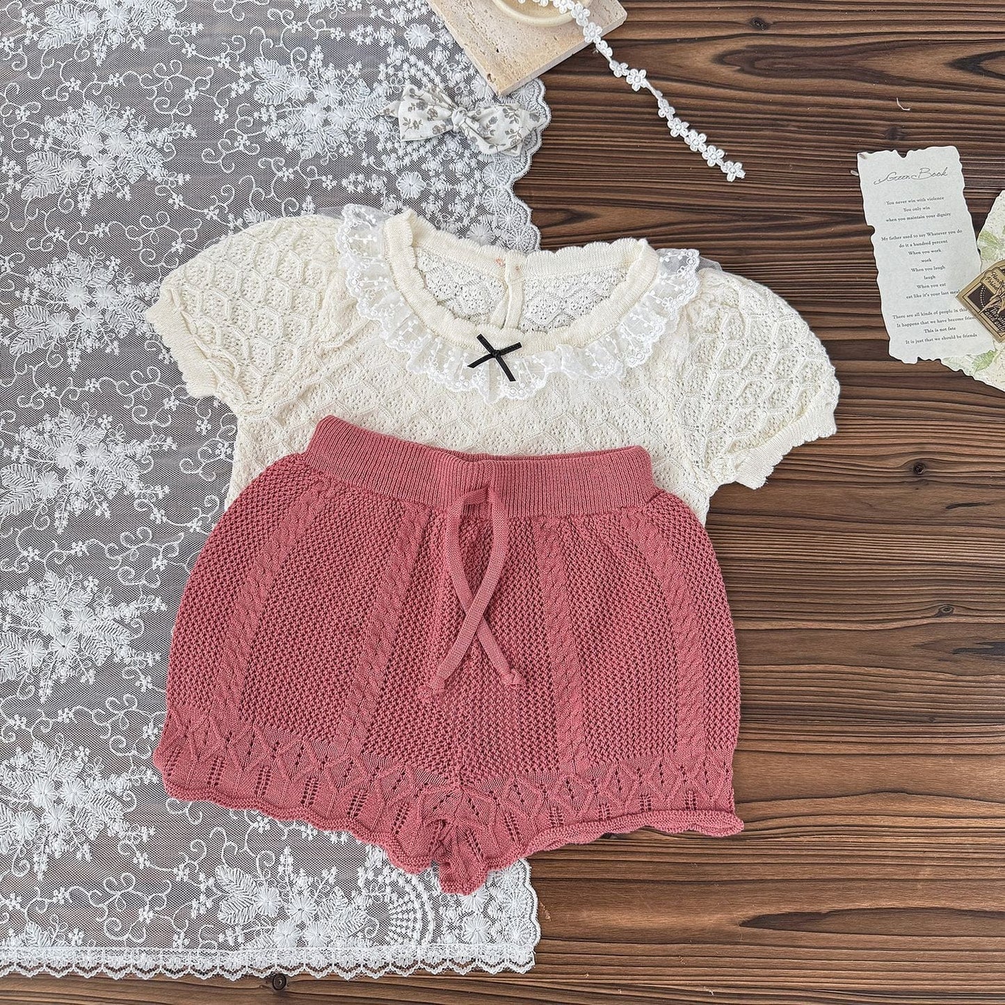 半袖シャツ・ブラウス レース襟リボン半袖ニットTシャツブラウス【mh0010428】