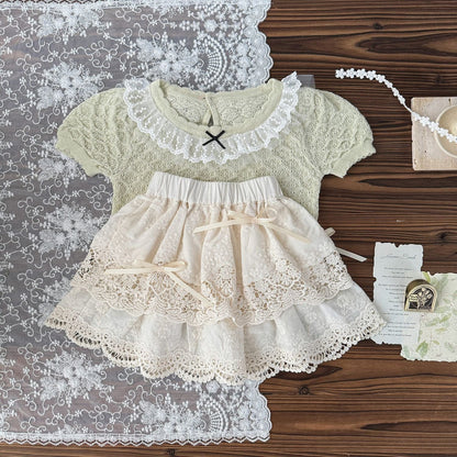 半袖シャツ・ブラウス レース襟リボン半袖ニットTシャツブラウス【mh0010428】