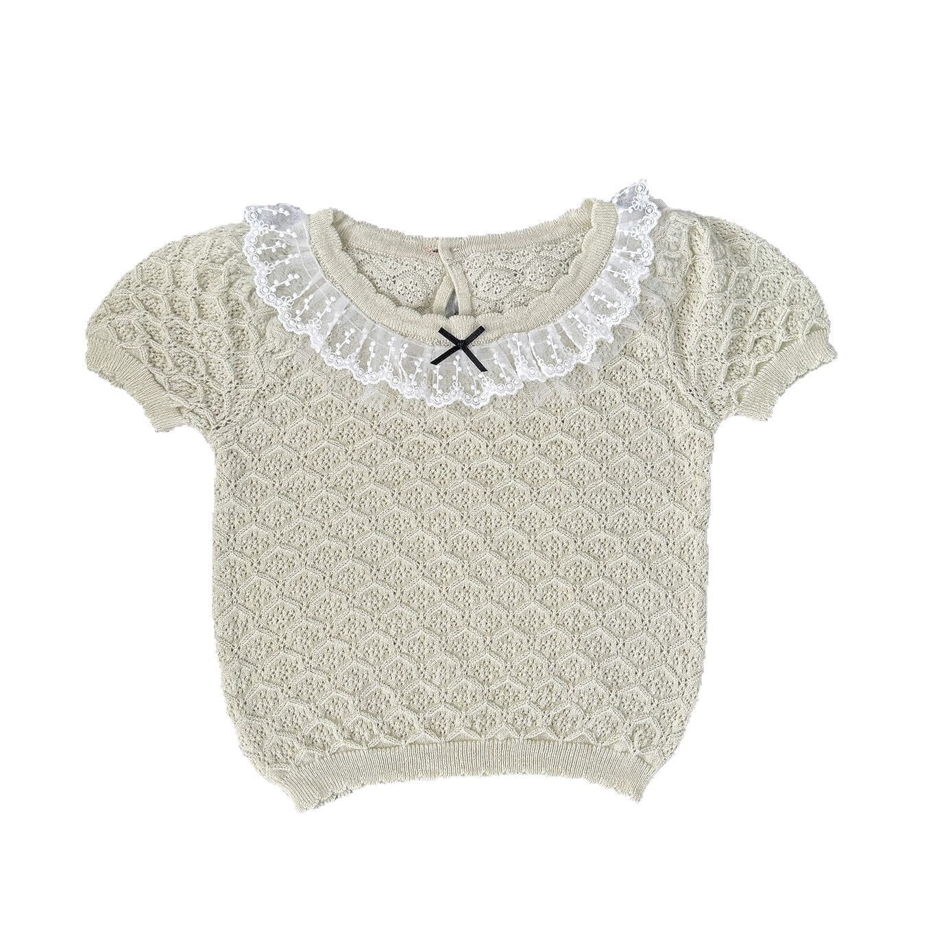 半袖シャツ・ブラウス レース襟リボン半袖ニットTシャツブラウス【mh0010428】
