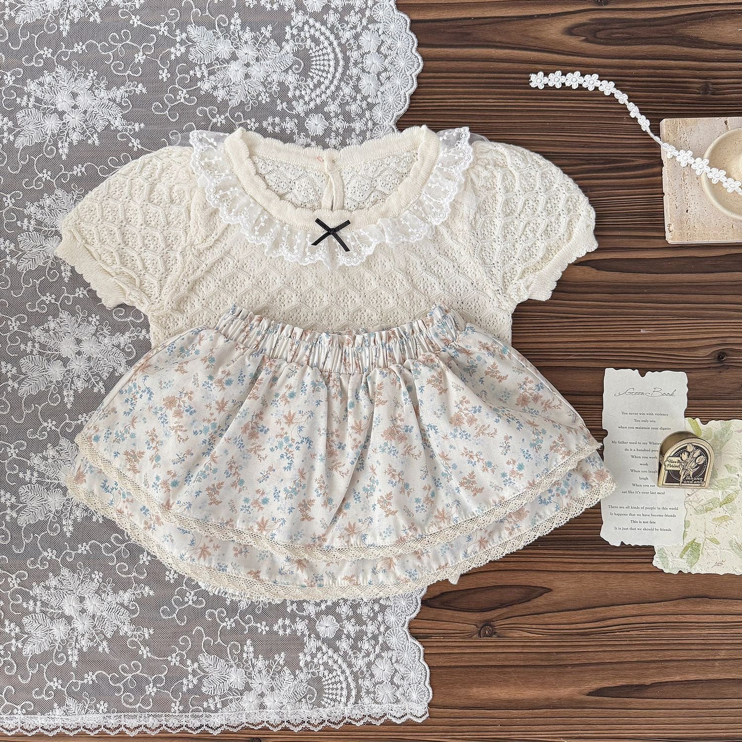 半袖シャツ・ブラウス レース襟リボン半袖ニットTシャツブラウス【mh0010428】