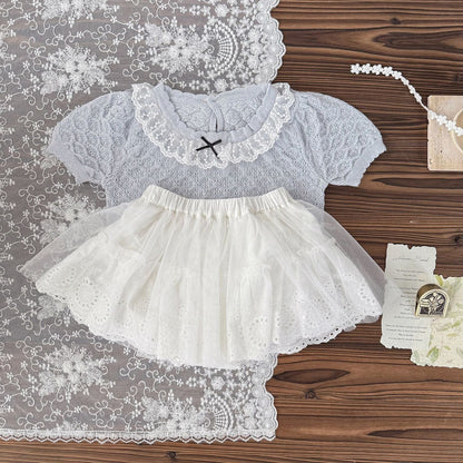 半袖シャツ・ブラウス レース襟リボン半袖ニットTシャツブラウス【mh0010428】