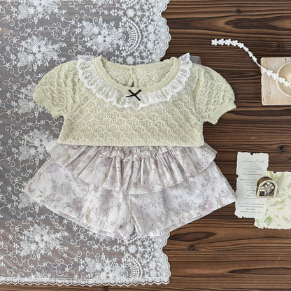 半袖シャツ・ブラウス レース襟リボン半袖ニットTシャツブラウス【mh0010428】