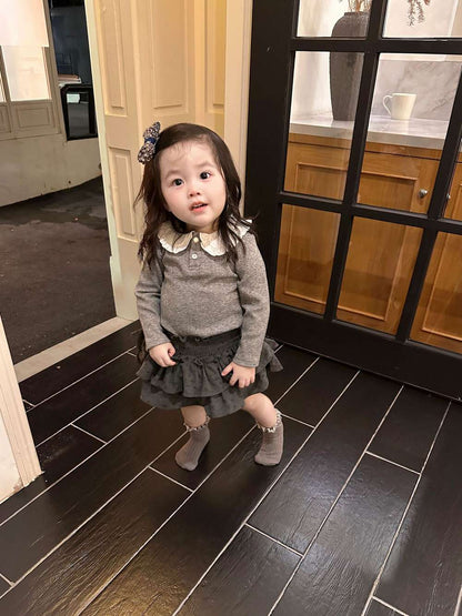 長袖セットアップ 長袖裏起毛Tシャツ 襟付きトップス / フリルショートパンツ【mh0011521】