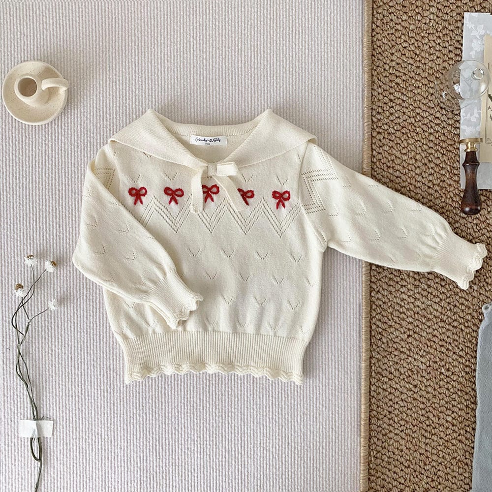 ニット・セーター White / 73cm ベビーキッズトップス リボン刺繍セーラーカラーニット長袖セータートップス【mh0009118】