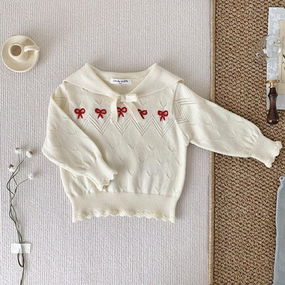 ニット・セーター White / 73cm ベビーキッズトップス リボン刺繍セーラーカラーニット長袖セータートップス【mh0009118】