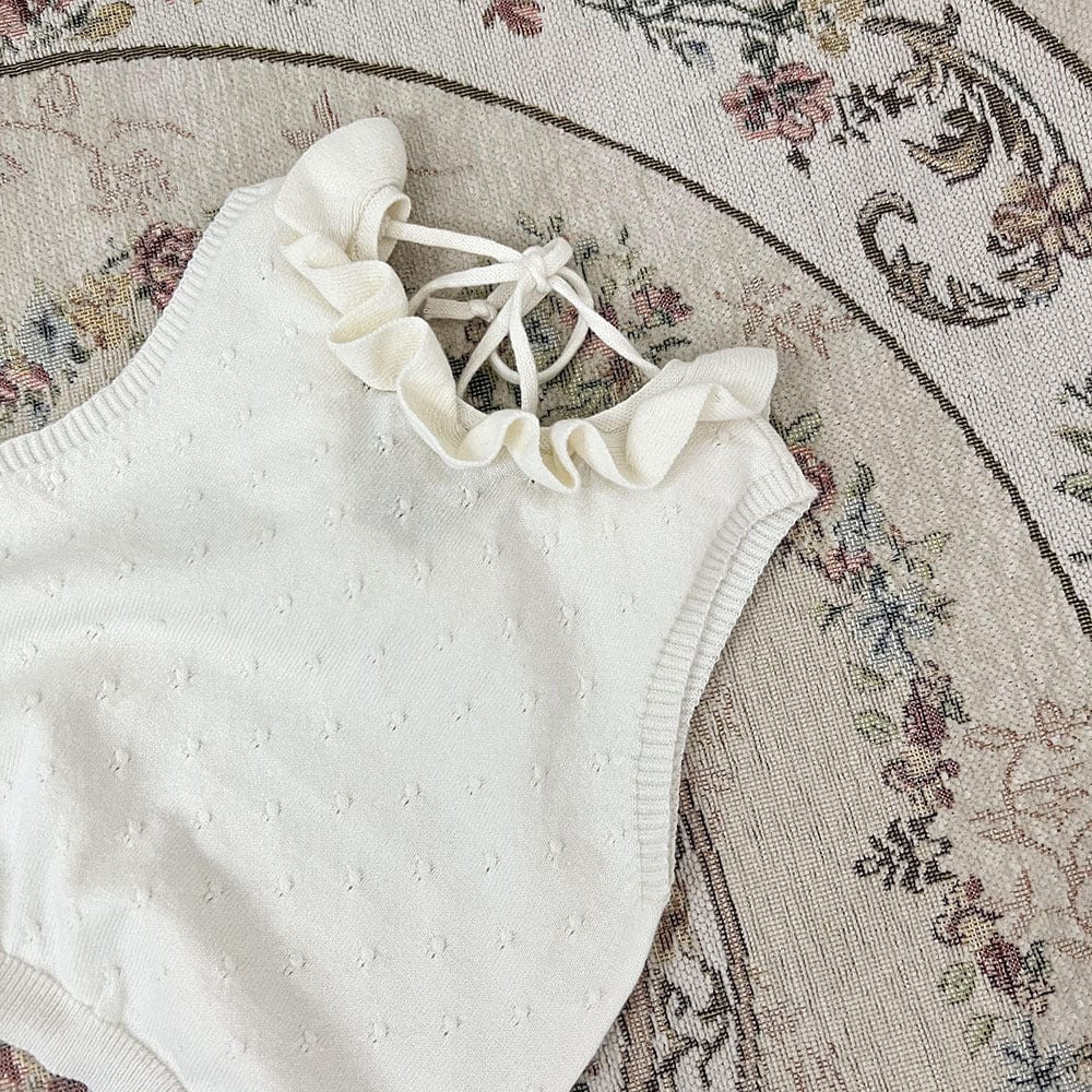 タンクトップ・キャミソール・ノースリーブトップス White apricot / 73cm ラッフルフリル襟バックオープンノースリーブニットトップス【mh0009796】