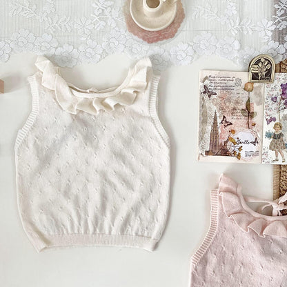 タンクトップ・キャミソール・ノースリーブトップス White apricot / 73cm ラッフルフリル襟バックオープンノースリーブニットトップス【mh0009797】