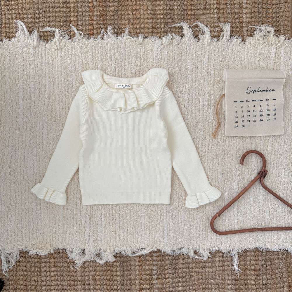長袖セットアップ White apricot tops / 80cm ノースリーブクロシェワンピース/長袖フリルニット リブセーター ドレス【mh0011516】