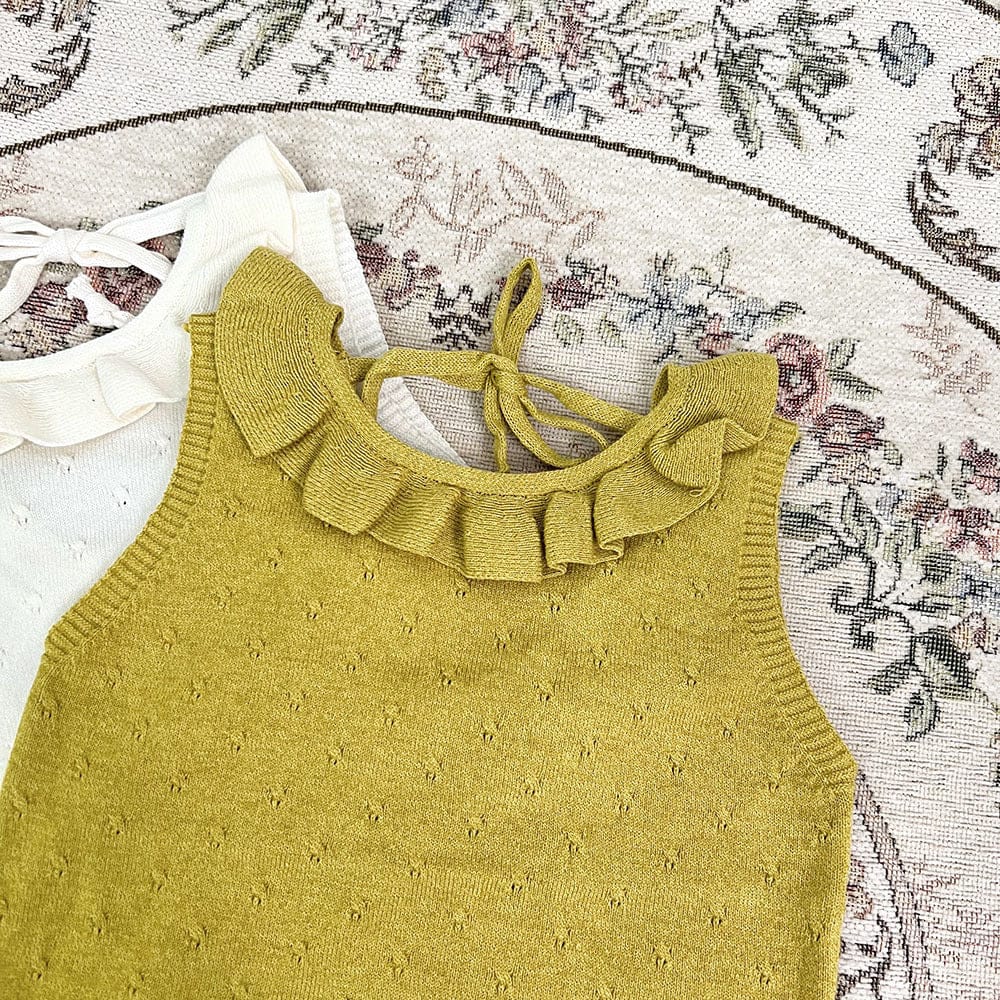 タンクトップ・キャミソール・ノースリーブトップス Yellow / 73cm ラッフルフリル襟バックオープンノースリーブニットトップス【mh0009796】