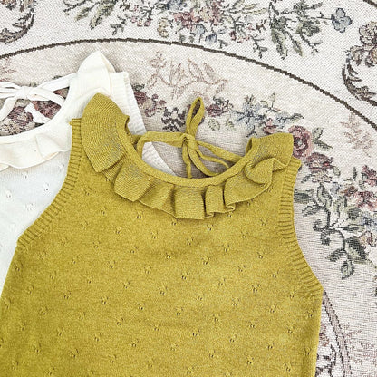 タンクトップ・キャミソール・ノースリーブトップス Yellow / 73cm ラッフルフリル襟バックオープンノースリーブニットトップス【mh0009796】