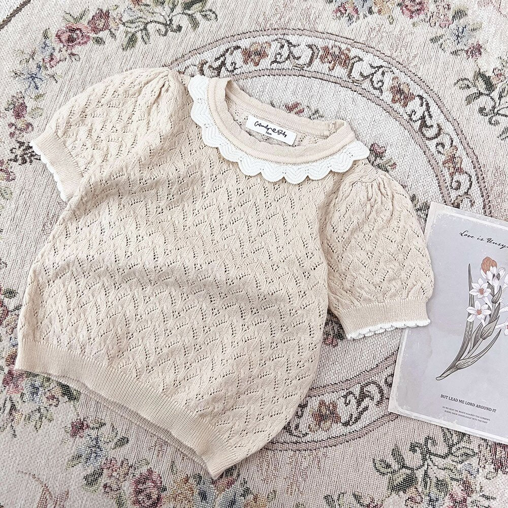 半袖Tシャツ Apricot Pink / 73cm Lace Cutout Knitted Short Sleeve Top レースカットアウト 半袖サマーニット【mh0012148】