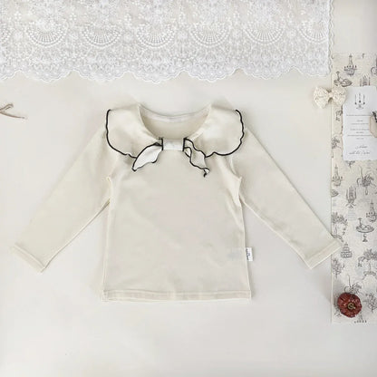 長袖Tシャツ beige / 9M (73) ベビーキッズトップス フラワー/無地リボン襟長袖Tシャツブラウス【mh0008929】