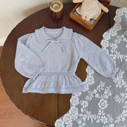 長袖Tシャツ Blue / 73cm Lace Bow Cutout Sweater レース リボン 透かし編み セーター【mh0012158】