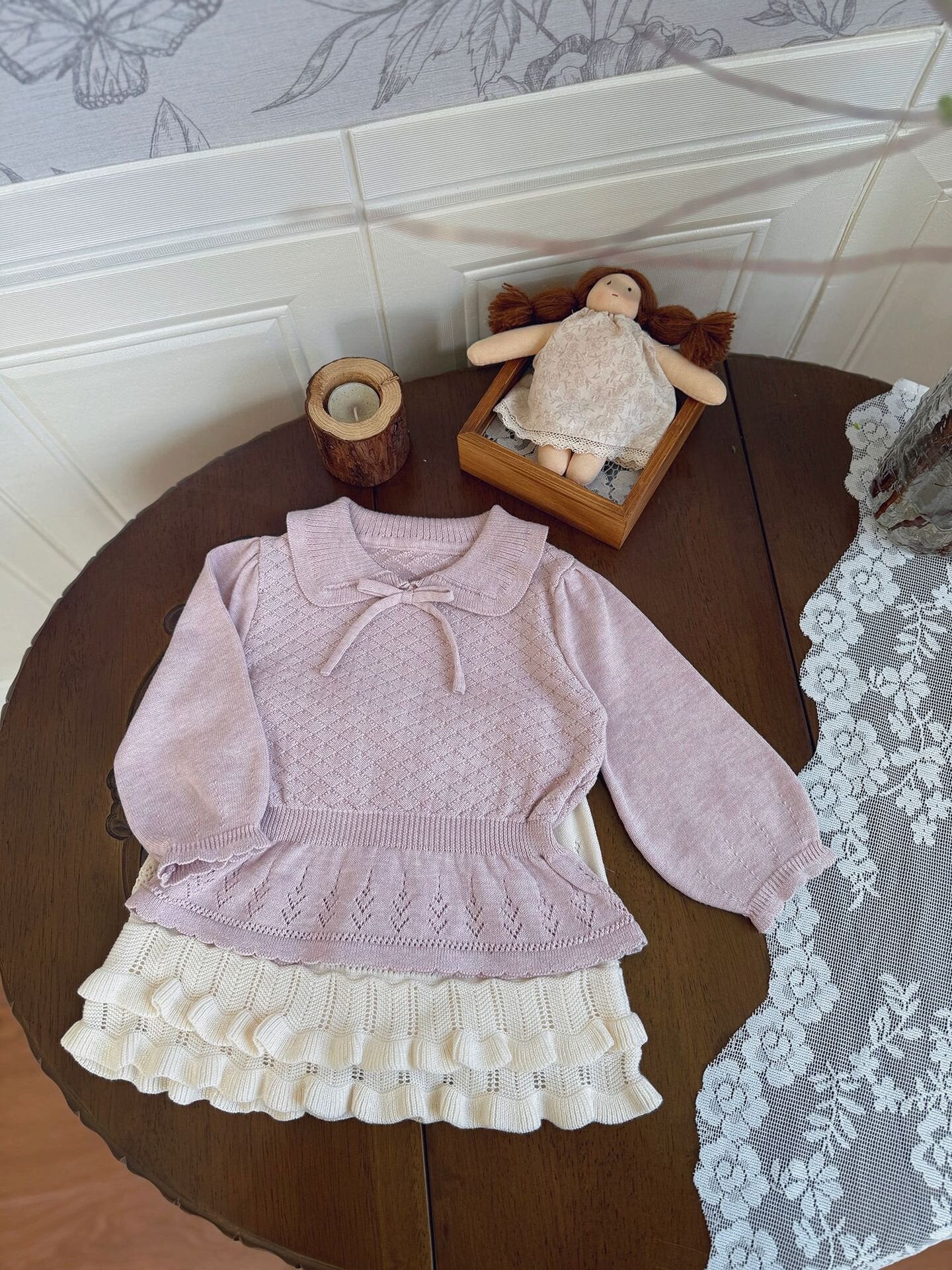 長袖Tシャツ Lace Bow Cutout Sweater レース リボン 透かし編み セーター【mh0012158】