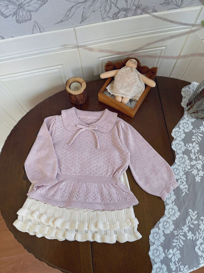 長袖Tシャツ Lace Bow Cutout Sweater レース リボン 透かし編み セーター【mh0012158】