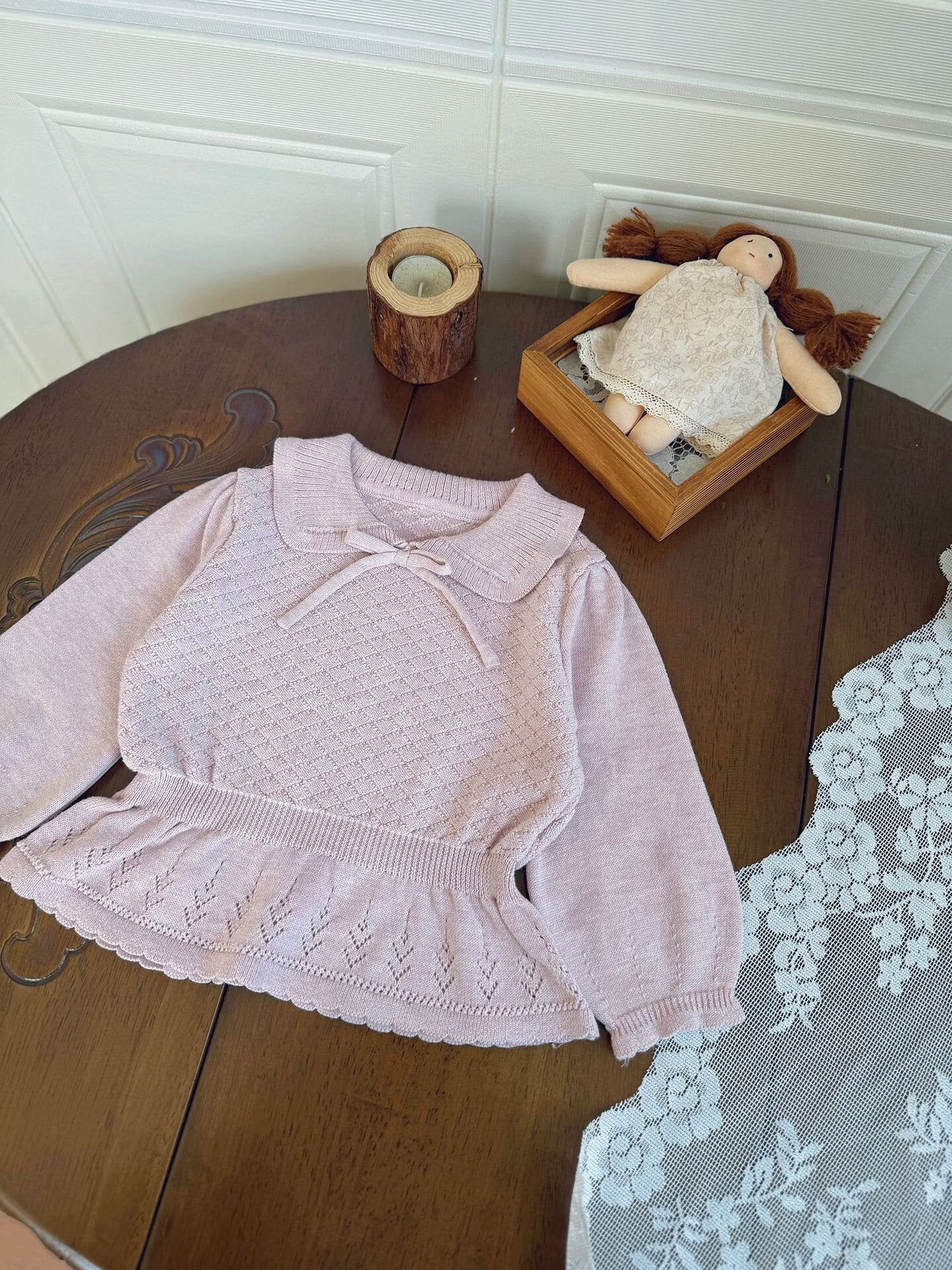 長袖Tシャツ Lace Bow Cutout Sweater レース リボン 透かし編み セーター【mh0012158】