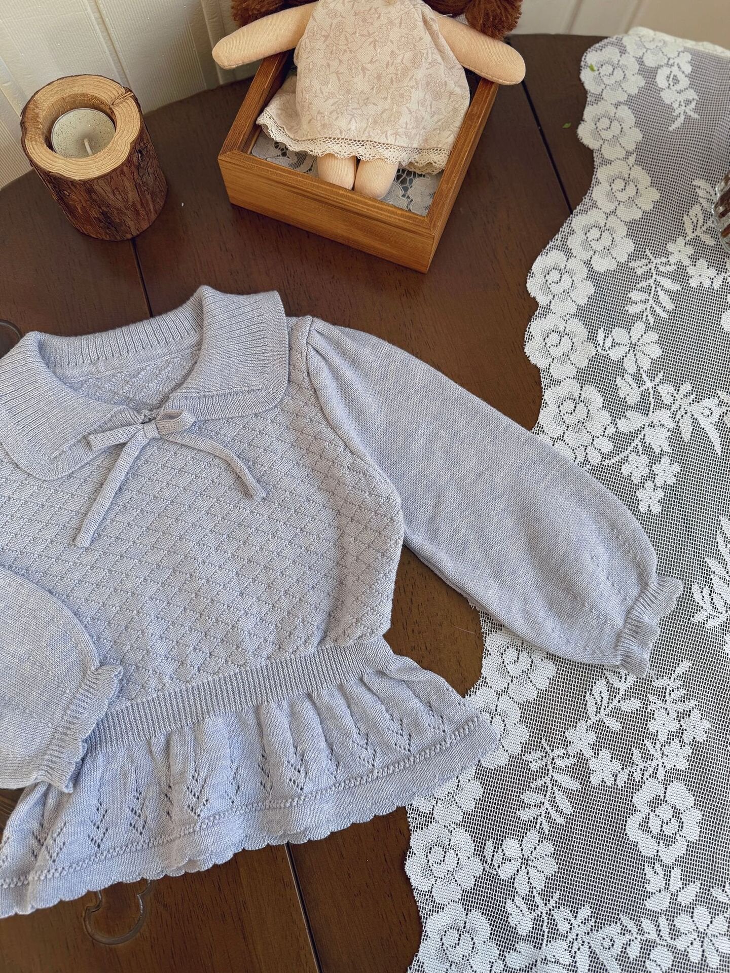 長袖Tシャツ Lace Bow Cutout Sweater レース リボン 透かし編み セーター【mh0012158】