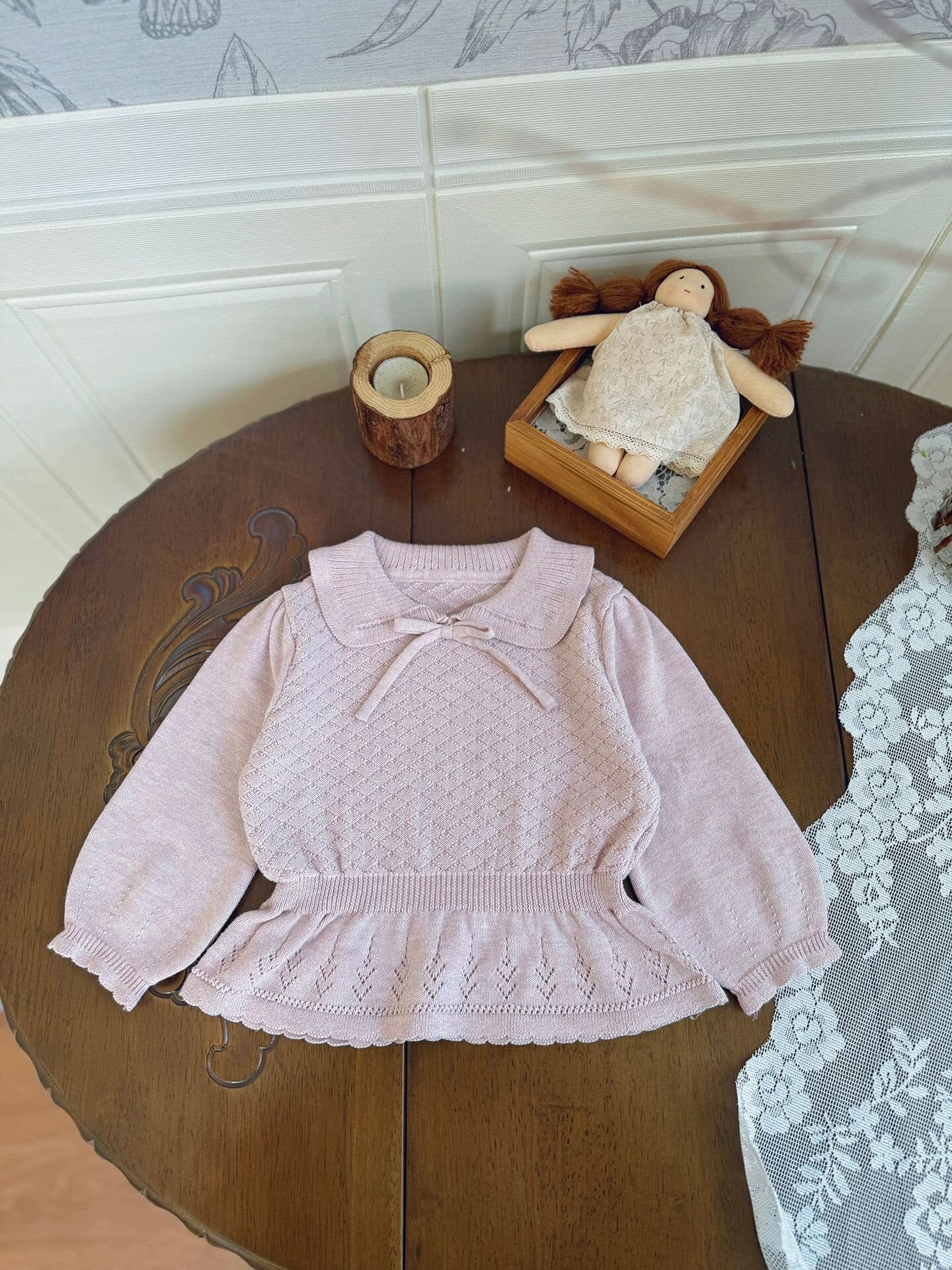長袖Tシャツ Lace Bow Cutout Sweater レース リボン 透かし編み セーター【mh0012158】